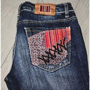 RUE 21 PREMIERE DENIM SIZE 3/4 LOW RISE patchwork lace up slim boot cut jeans